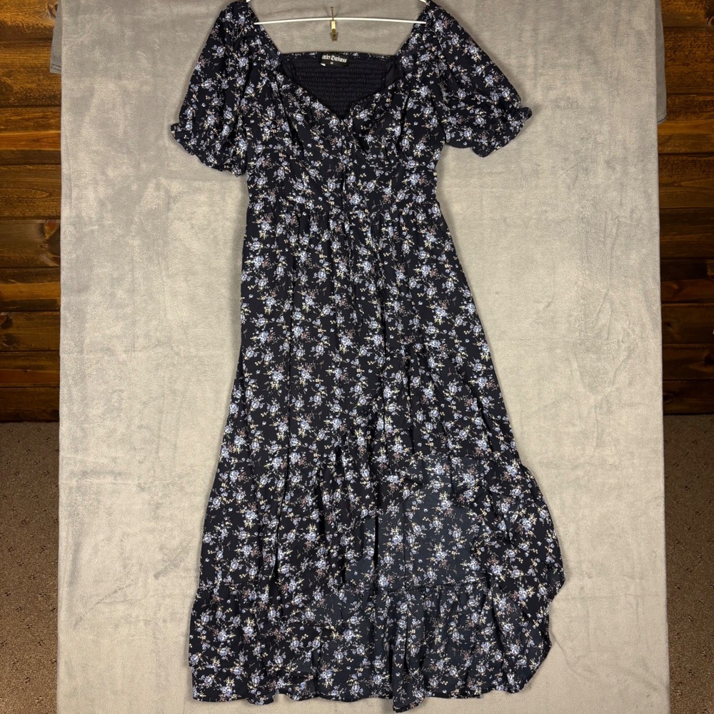 Scarlet Darkness Women Floral High Low Midi Dress Navy Blue Cottagecore Medium